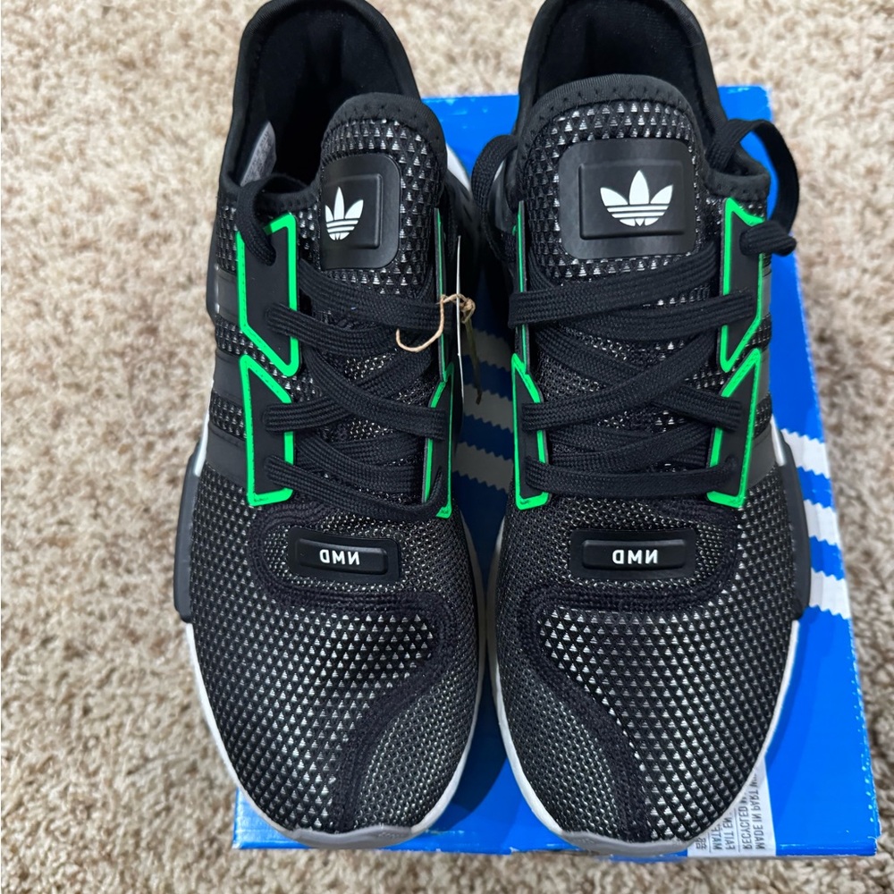 NMD Adidas Men's Black Sneakers with Green Highlights